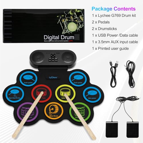 Miniatura 7 de Batería Electrónica Lychee Con Conector Para Auriculares, 9 Almohadillas Enrollables Estéreo Para Práctica De Batería, Altavoz Integrado, Pedales Y Baquetas Compatibles Con Conexión Externa, Ideal Com