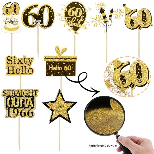 Gyufise 36Pcs Happy 60th Birthday Cupcake Toppers Glitter Black Gold Sixty Straight Outta 1966 Cupcake Picks 60 Fabulous Cheers to 60 Years Cake Decorations for 60th Birthday Party Supplies - Image 6