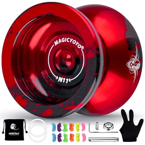 Image of MAGICYOYO N11 Professional Unresponsive Yoyo & Responsive Yo Yo for Kids 8-12 or Above Alloy Aluminum Yo-Yo with Yoyo Bag, 1 Glove, 12Strings and Responsive Bearing Kit (Black Red)