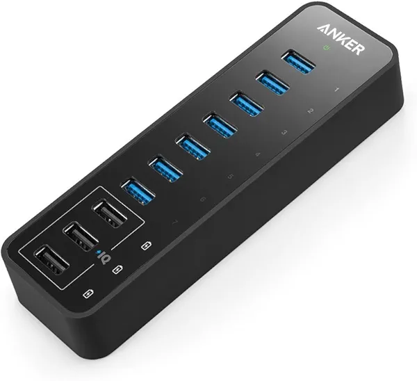 Anker USB Hub, USB 3.0 Hub, 10 Port 60W Data Hub, with 7 USB-3.0 Ports, 3 PowerIQ Charging Ports, Compatible with MacBook, iMac, Dell XPS, Surface Pro, iPhone, iPad Air, Galaxy Series, Mobil