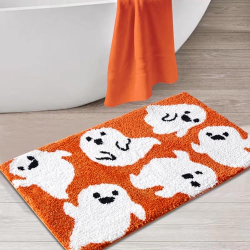 Estmy Cute Orange Ghost Bath Mat Non Slip Machine Washable 16x24 Spooky Funny Halloween Bath Rug Bathroom Decor Soft Shaggy Microfiber Scary Spirit Fall Bathroom Shower Floor Mat Absorbent