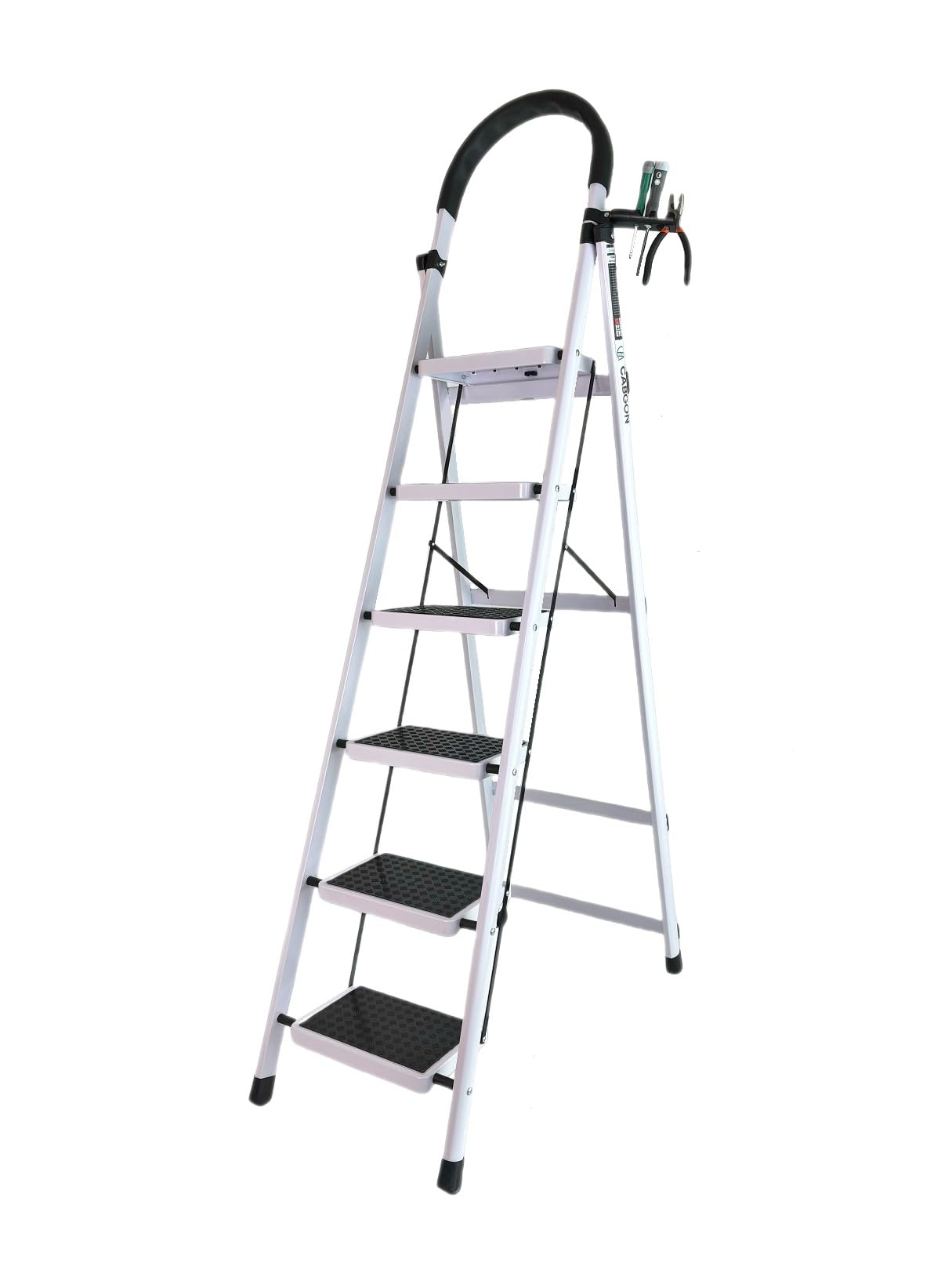 CABGON 6 Step Folding Ladder for Home Use, Heavy Duty Foldable Step Ladder with Handrail, Non-Slip Wide Pedals, Lightweight Steel Ladder for Kitchen, Office, Library (White, 6 steps)