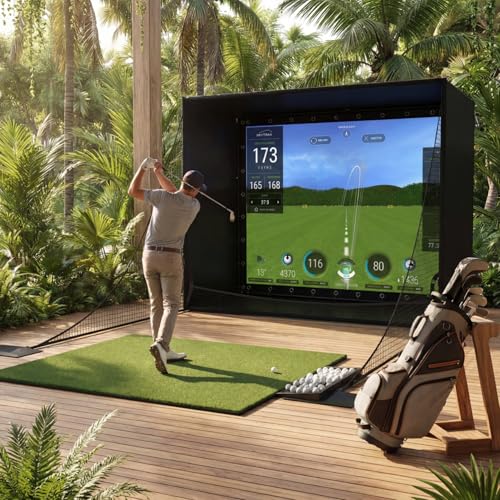 Complete Golf Simulator Enclosure Package, 11 x 8 ft 4K-Ready Impact Screen with Blackout Cage, Frame Poles, Bottom Fence mesh, Side Nets and Sandbags for Indoor or Garage Use, Guardrail 9 Ft
