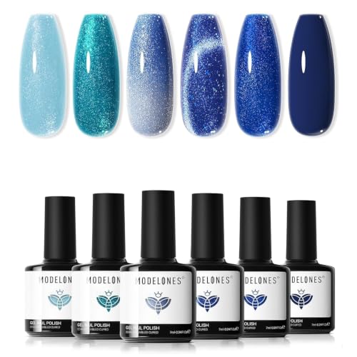 Image of modelones Cat Eye Gel Nail Polish Set Glitter 6Colors Blue