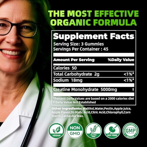NSF Certified Creatine Monohydrate Gummies for Men &Women (Apple 135 ct) - 2
