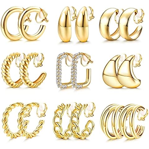 YADOCA 9 Pairs Gold Clip on Earrings for Women 14K Gold Plated Waterdrop Chunky Clip on Hoop Earrings No Piercing Fake Earrings Set Cover