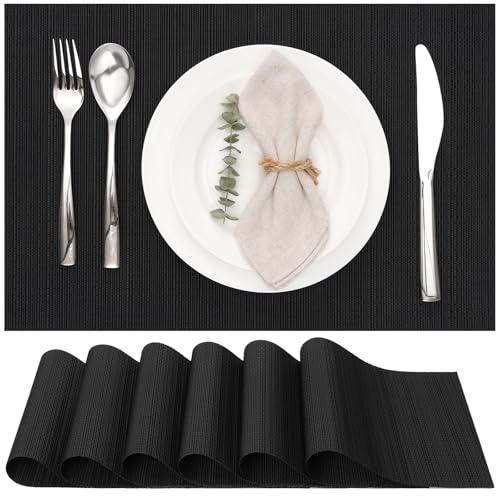 Myir JUN Table Mats Set of 6, Place Mats Table Placemats Washable Non-slip Heat Insulation Woven Vinyl for Kitchen Dinning Restaurant 17"X12" (Black)