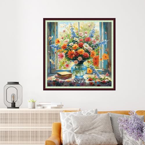 Image of Dooxvey Cross Stitch Kits for Adults Beginners,Full Range of Cross-Stitch Stamped Kits Needlepoint Kits for Beginners Embroidery Kits 11CT Cross Stitch Patterns-Window sill colorful flowers 18x18 inch