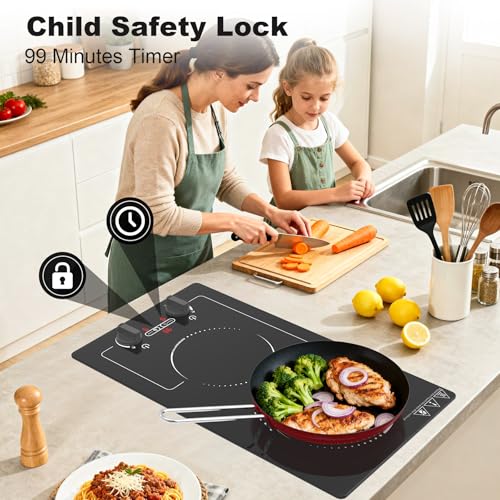 Image of GIHETKUT Double Induction Cooktop, 110V 2300W hot plate with LED Touch Screen, 9 Power Levels, Kids Lock & Timer, Overheat Protection, knob and touch control 2 burner Induction cooktop