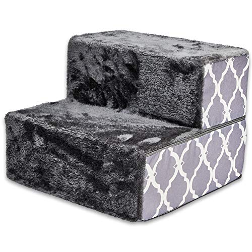 Image of Best Pet Supplies Foldable Pet Steps /Stairs with CertiPUR-US Certified Foam Gray Lattice, 2-Steps (H: 12 inch)