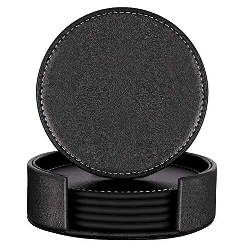 Famibay Dessous de Verre Carré Cuir Dessous-de-Verre pour Les fêtes de Coffee Bar Pub Tasse Tapis Dessous-de-Verre Lot de 6 Dessous de Verre avec Support Black-Round Cover