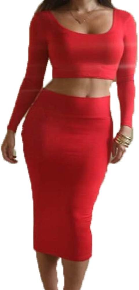 PS Women's Celeb Sexy Two-piece Stretch Crop Top and Skirt Set Red Asia L
