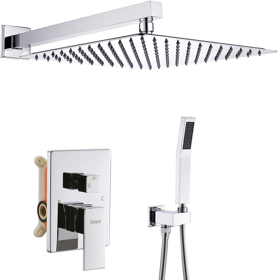 Shower Faucet Set, Starbath Shower System with 6-Setting Rain Shower Head and 9-Setting Handheld Shower Faucets Sets Complete Wall Mounted, 3 Way Pressure Balance Shower Valve and Trim Kit