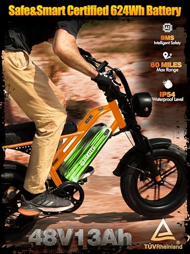 ESKUTE Electric Bike for Adults – 1500W Peak Motor, 48V 13Ah Battery, 20+MPH, Dual Suspension, 16"x4.0" Fat Tire E-Moped, 7-Speed, Up to 60 Miles, Commuter E-Bike, Orange - Image 3