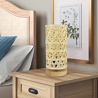 PADMA LED Bedside Table Lamp, Decorative Bamboo Lamps with Solid Wood Base, Creative Wooden Bedside Lamp with Handmade rattan Lampshade, Nightstand Light for Living Room, Bedroom, Study,(5W Bulb incl)