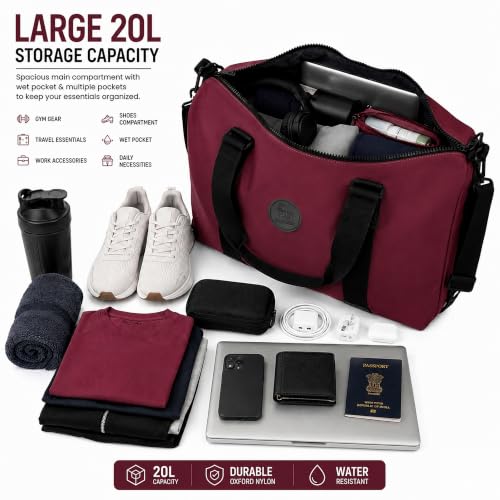 Image of Storite Travel Duffel Bag, Red, 42x14x33 cm | Water Resistant Nylon, Lightweight, Spacious Main Compartment, Adjustable Shoulder Strap, Travel, Gym, Weekend Trips