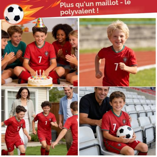 Oirigaga Ensemble maillot de football pour enfants, numéro 7, pour garçons et filles de 6 à 13 ans, respirant et à séchage rapide, avec short et chaussettes à manches courtes, rouge, Cr7 rouge, Nr.7 – vue 6