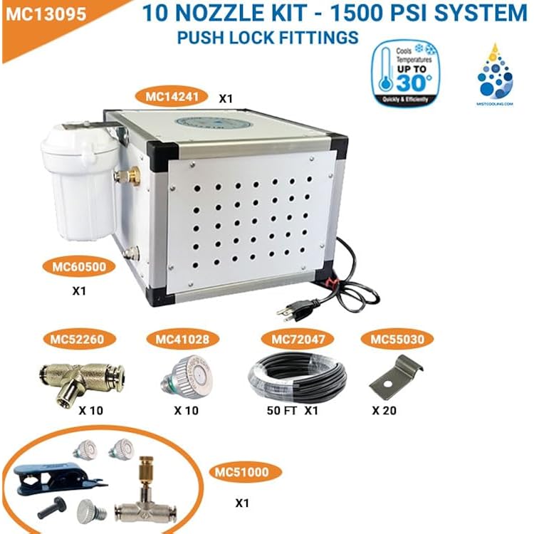 High Pressure Misting System 1500 PSI - Patio Misting System | Restaurant Misting System | Industrial Misting System | with Stainless Steel Misting Nozzles | Flexible (40 Feet - 10 Nozzles)