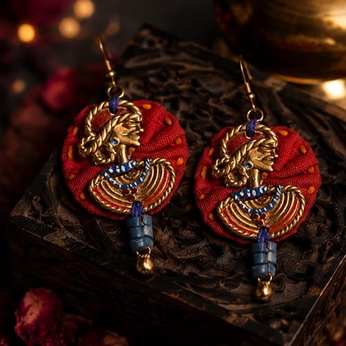 Image of Royal Queen & Empress Handcrafted Tribal Dhokra Earrings Collection for Women - Wooden, Fabric & Round Statement Ethnic Designs in Multiple Colours