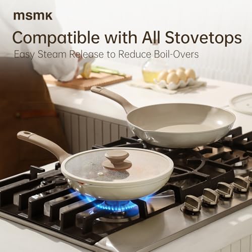 Image of MsMk 9.5 Inch Ceramic Nonstick Frying pan with Lid, Beige Cooking Skillet