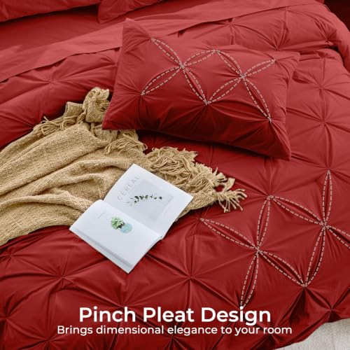 Image of Sasttie Queen Comforter Set, 7-Piece Bed in a Bag, Pintuck Bedding Sets for All Season, Includes Comforter, Flat Sheet, Fitted Sheet, Pillowcases and Pillowshams, Red