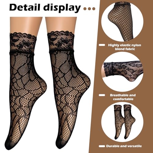 arrderly Lot de 5 paires de chaussettes résille sexy en dentelle pour femmes et filles, Noir , Taille unique – vue 4