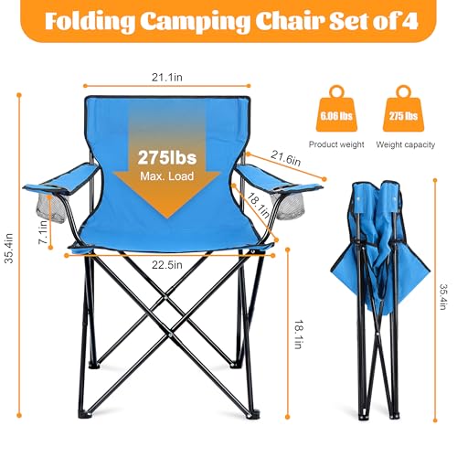 Image of HaSteeL Camping Chairs 4 Pack, Oversized Folding Chair with Cup Holders for Adults, Portable Chair & Carry Bag for Outdoor Backyard, Beach, Lawn, Patio, Picnic, Fishing, Oxford Fabric & Heavy Duty