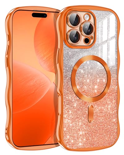 Meshine for iPhone 16 Pro Max Case,[Compatible with MagSafe][Build-in Camera Lens],Magnetic Curly Wavy Frame Shockproof Cute for Women Girls Cover for Apple iPhone 16 Pro Max 6.9 Inch,Glitter Orange - image 1