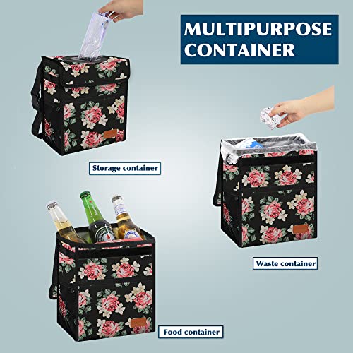 Image of Femuar Car Trash Can Leak Proof Car Trash Bag Waterproof Car Garbage Can with Lid for SUV Front Seat Multipurpose Car Hanging for Headrest Collapsible and Portable with Storage Mesh Pocket, Flower