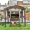Domi Hardtop Grill Gazebo 8x5FT, Grill Canopy for Outdoor Grill w/Double Galvanized Steel Roof and 2 Side Shelves, BBQ Gazebo Grill Tent for Patio Garden Backyard, Brown