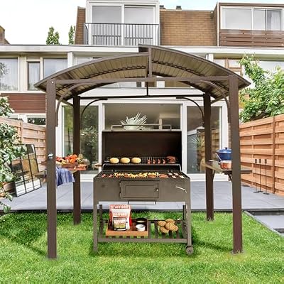 Domi Hardtop Grill Gazebo 8x5FT, Grill Canopy for Outdoor Grill w/Double Galvanized Steel Roof and 2 Side Shelves, BBQ Gazebo Grill Tent for Patio Garden Backyard, Brown