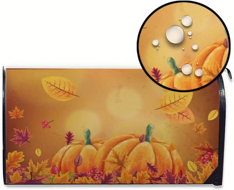 Pumpkin Magnetic Mailbox Cover with Autumn Leaves, Waterproof Oxford Cloth Mailbox Wrap, Outdoor Garden Yard Home Decor for Standard Size 18" x 21"