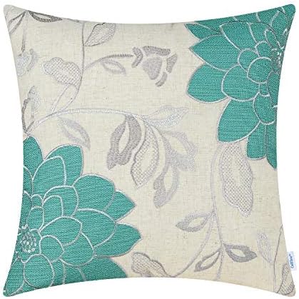CaliTime High Class Throw Pillow Cover Case for Couch Sofa Home Decoration Vintage Dahlia Floral Applique Embroidered 16 X 16 Inches Teal & Silver