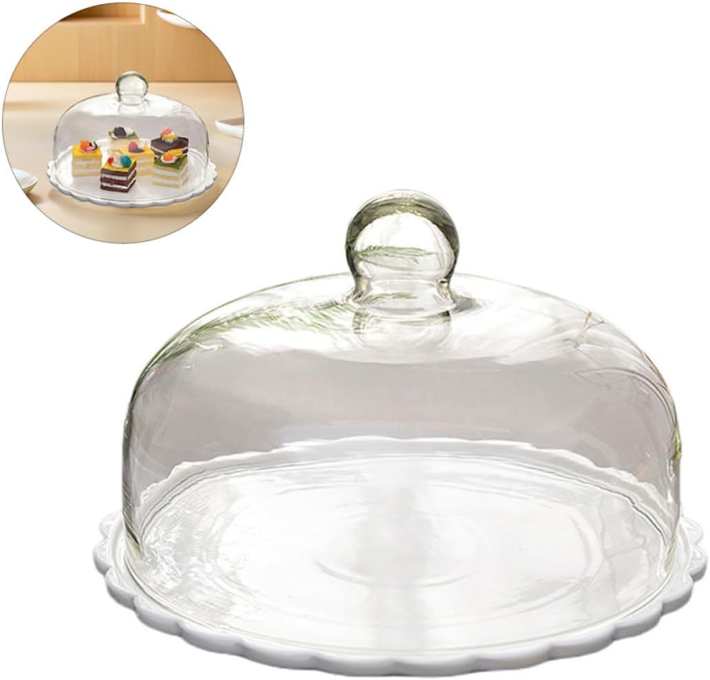 Cake Dome Cover with Ceramic round Cake Stand Lightweight Glass and Ceramic Food-grade Safe for Kitchen and Wine Tasting Parties