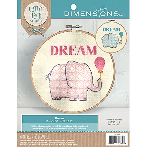 Dimensions Counted Cross Stitch Kit, Dream Elephant Baby Nursery Decoration, 14 Count Ivory Aida, 6''
