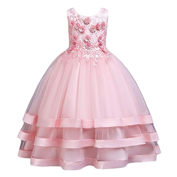 Hopscotch Girls Cotton and Polyester Sleeveless Applique Floral Net Gown in Pink Color