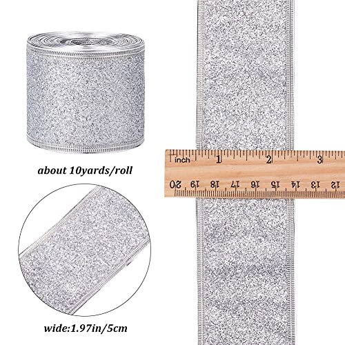 GORGECRAFT 10 Yards Sparkle Ribbon with Wired Edge Glitter Ribbon 2 Inch Silver Wrapping Gifts & Custom Diy Crafts Decorative Confetti Glitter Wired Ribbons for Gift Wrapping Party Decoration - Image 2