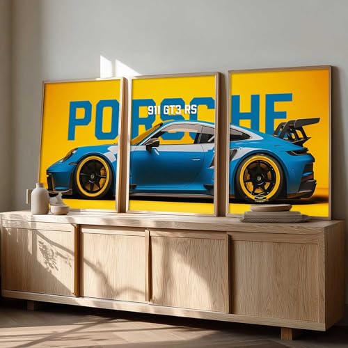 Image of HOMESY Sports Car Framed Posters Gift Items for Boys Room | Wall Decoration for Bedroom Living Room Office Gaming Room Decor | Sports Car Poster with Frame for Wall Decor Set Of 3 Size (13x17 inch, BROWN)