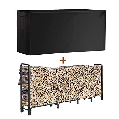 INRLKIT Outdoor Firewood Rack with Cover Adjustable Size, 8 ft Strong Heavy-Duty Tubular Steel Fire Wood Storage Holder, Stable Wood Stacker for Fireplace, Waterproof, Dustproof, Black