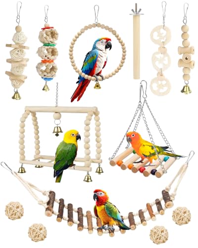 13 Stück Vogel-Papageien-Spielzeug, zum Aufhängen, Naturholz Vogelkäfig-Zubehör, mit Leiter, Schaukel, Hängematte, Kauspielzeug, Glocke für Sittiche, Liebesvögel, Finken und andere kleine Haustiere