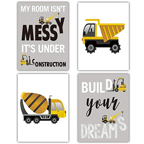 HPNIUB Construction Truck Picture Cartoon Construction Transport Vehicles Art Print Set of 4 (12â€X16â€Canvas Funny&Inspirational Words Poster Painting for Nursery or Kids Boy Room Home Decor,No Frame