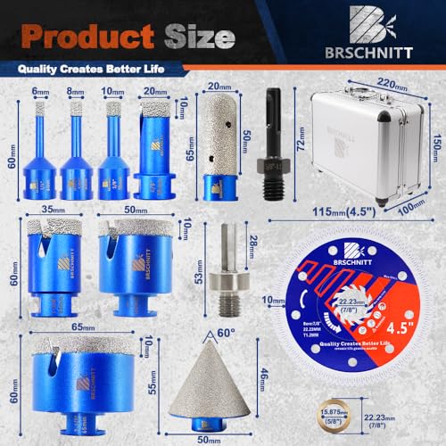 Image of Diamond Core Drill Bit Set - BRSCHNITT Tile Hole Saw Kit 1 /4 inch 5 /16 inch 3 /8 inch 4 /5 inch 1-3 /8 inch2 inch 2-1 /2 inch & 4 /5 inch Finger Bit & 2 inch Chamfer Bit for Porcelain Tile Ceramic Marble Granite & Diamond Blade