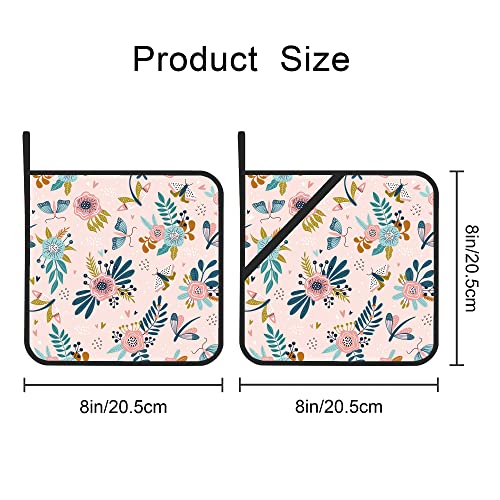 Pink Flowers Floral Pot Holders Set Of 2 Kitchen Heat Resistant Potholder For Microwave Cooking Baking Oven End Dishes And Bbq #TOP1