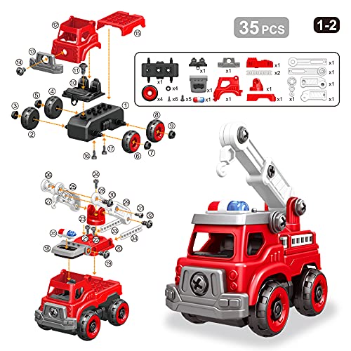 4-In-1 Take Apart Toys Truck With Electric Drill, Diy Assembly Fire Truck Toy Vehicles, Kids Stem Building Educational Cars Toys, Birthday Gifts For Age 3 4 5 6 7 8 Years Old Boys Girls #TOP4