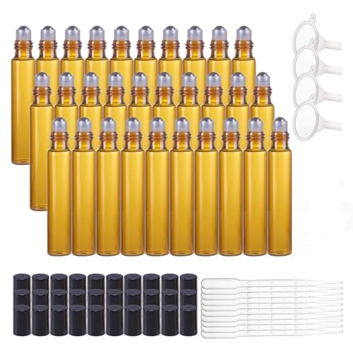 BENECREAT 10ml 30 Packs Sienna Glass Roller Bottles Refillable Container for Essential Oils, Aromatherapy, Fragrance,Lip Balms, with 5pcs 3ml Pipette Included