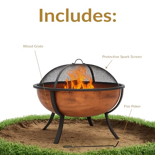 Sunnydaze 32-Inch Copper Fire Pit for Outside - Wood-Burning Fire Pit Bowl with Spark Screen, Wood Grate, and Poker - Image 6