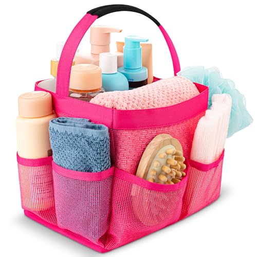 Masirs Shower Caddy Mesh - 9 Pocket Portable Bathroom Organizer Tote for Travel Gym & Dorm - Collapsible Small Shower Caddy Bag to Hold Toiletries & Essentials (Pink)