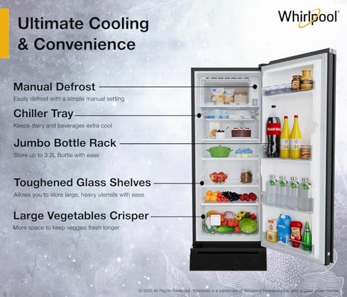 Image of Whirlpool 207 L 5 Star Icemagic Pro Inverter Glass Door Direct-Cool Single Door Refrigerator (230 IMPRO GD ROY 5S Inv CRYSTAL BLACK, Base Stand with Drawer)