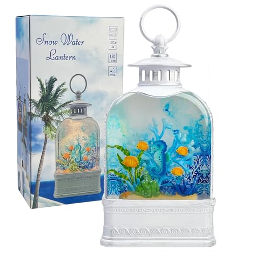Ocean Themed Snow Globe Lantern with Music - USB or Battery Powered Light Up Water Lantern with Seahorse - Swirling Glitter Water Globe for Summer Costal Ocean Decor Gift for Ocean Lover (Seahorse)