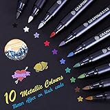 Colores metálicos vibrantes y brillantes: 10 colores metálicos vivos, incluyendo verde, rosa, morado, verde claro, azul, plata, negro, oro, blanco, marrón. El bolígrafo blanco se aplica transparente, pero se vuelve opaco cuando la tinta se seca, está diseñado para escribir en cartón o papel negro. Nuestros marcadores metálicos son increíblemente brillantes, perfectos para añadir brillo y adornos a varias artes y manualidades para niños u otros trabajos de bricolaje.
